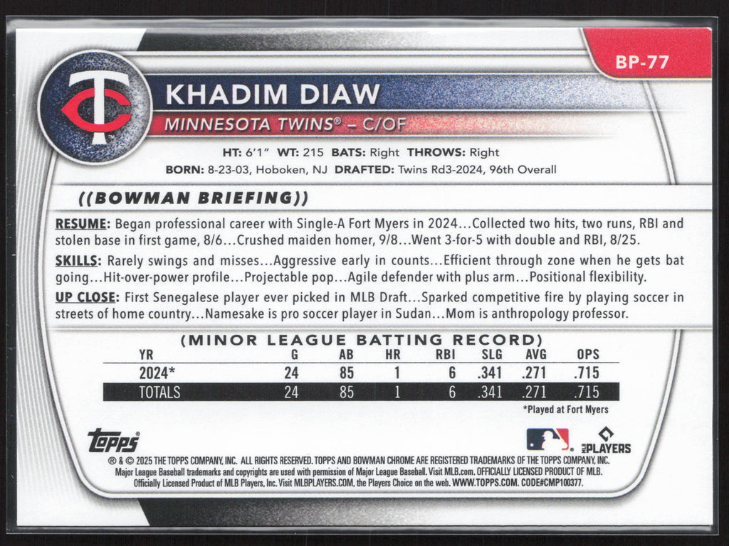 2025 Bowman #BP-77 Khadim Diaw Prospects