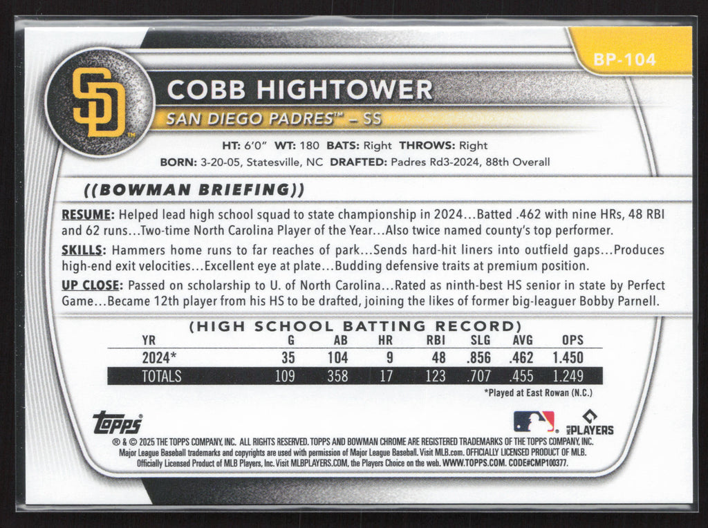 2025 Bowman #BP-104 Cobb Hightower Prospects