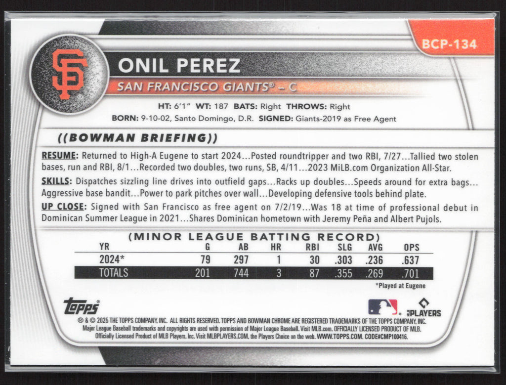 2025 Bowman #BCP-134 Onil Perez Chrome Prospects