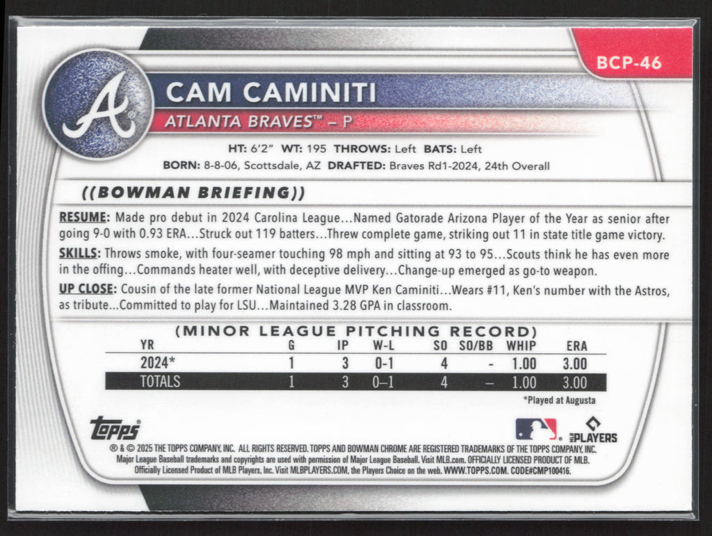 2025 Bowman #BCP-46 Cam Caminiti Chrome Prospects