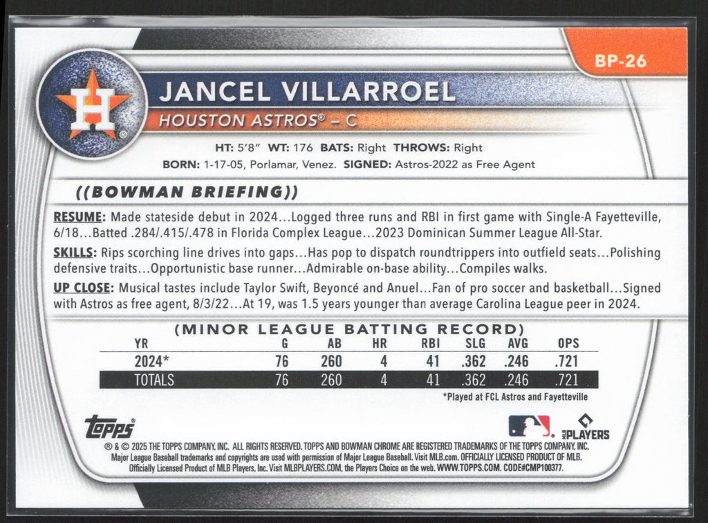 2025 Bowman #BP-26 Jancel Villarroel Prospects