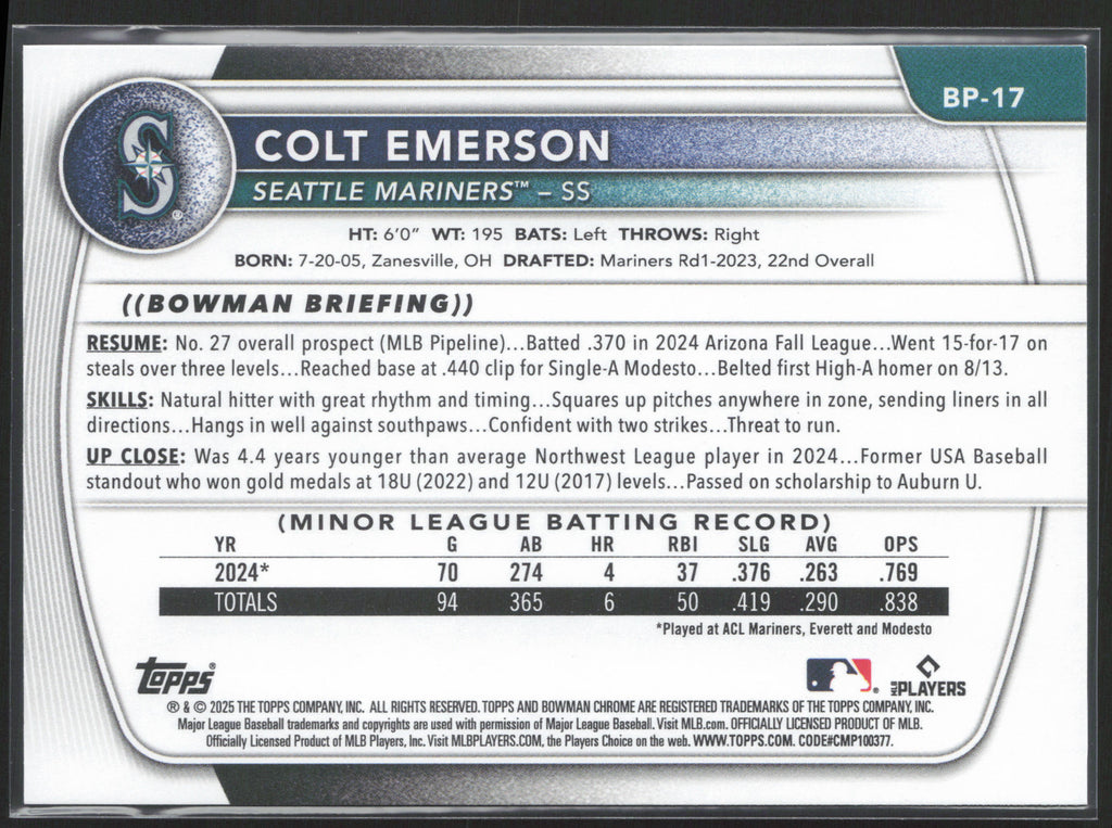 2025 Bowman #BP-17 Colt Emerson Prospects