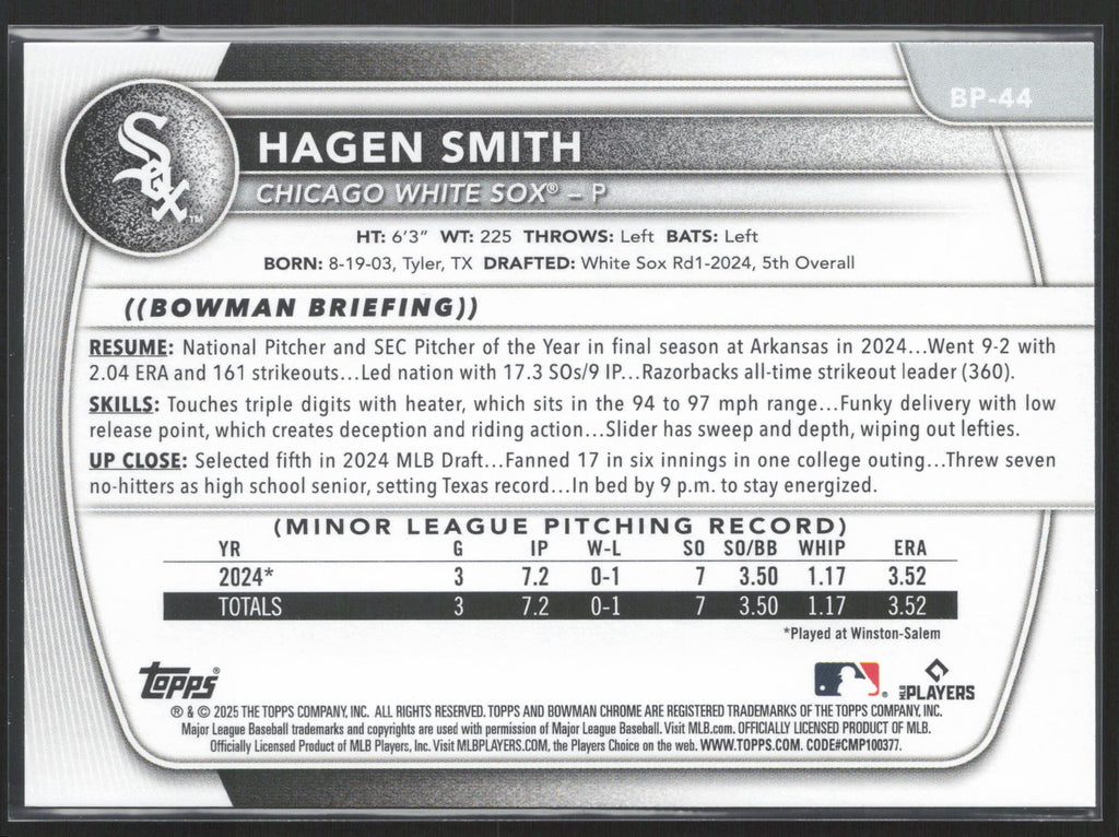 2025 Bowman #BP-44 Hagen Smith Prospects