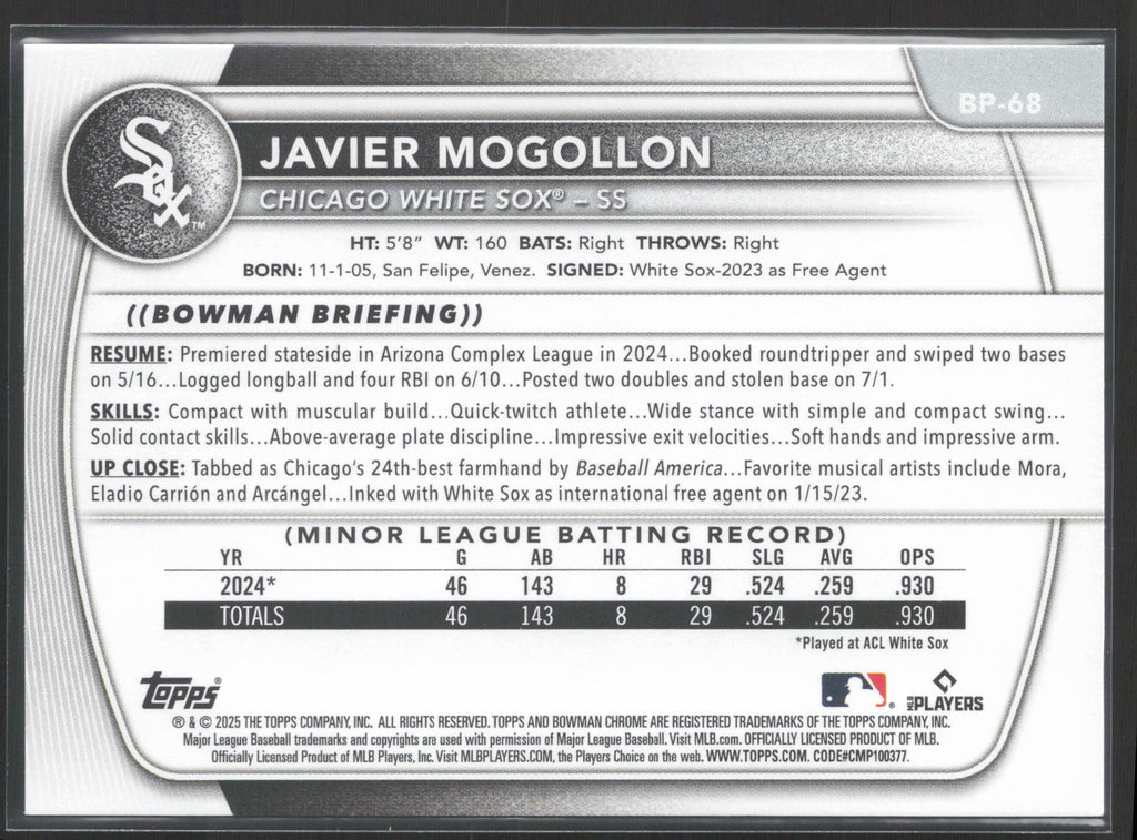 2025 Bowman #BP-68 Javier Mogollon Prospects
