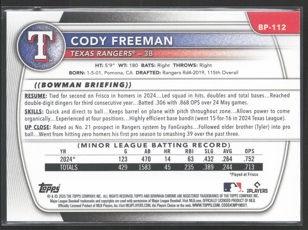 2025 Bowman #BP-112 Cody Freeman Prospects