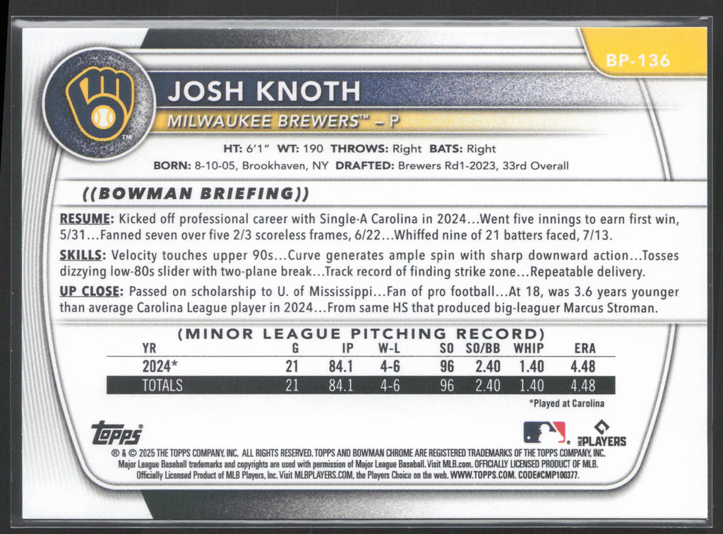 2025 Bowman #BP-136 Josh Knoth Prospects