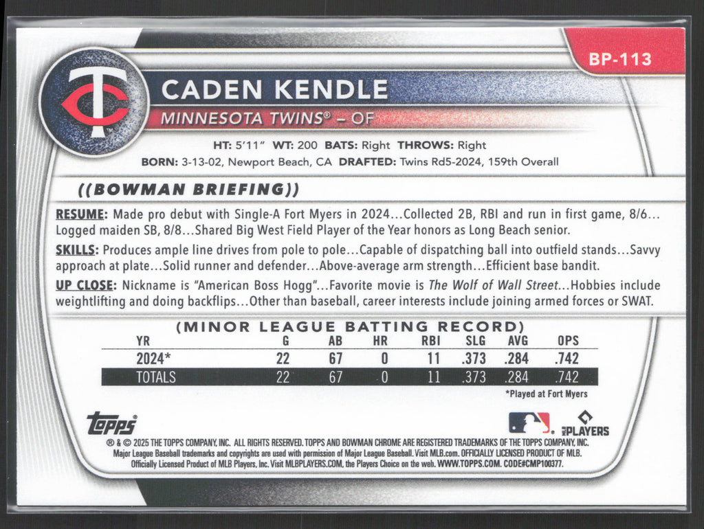 2025 Bowman #BP-113 Caden Kendle Prospects