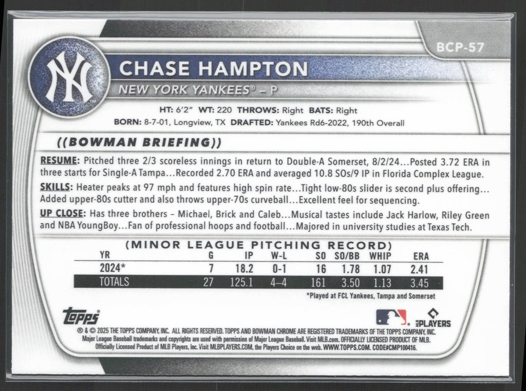 2025 Bowman #BCP-57 Chase Hampton Chrome Prospects