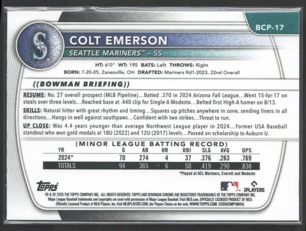 2025 Bowman #BCP-17 Colt Emerson Chrome Prospects