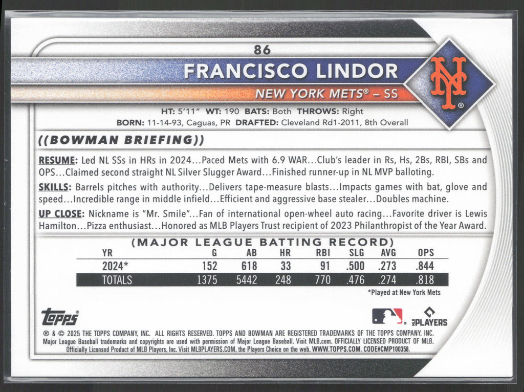 2025 Bowman #86 Francisco Lindor