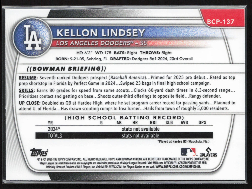 2025 Bowman #BCP-137 Kellon Lindsey Chrome Prospects