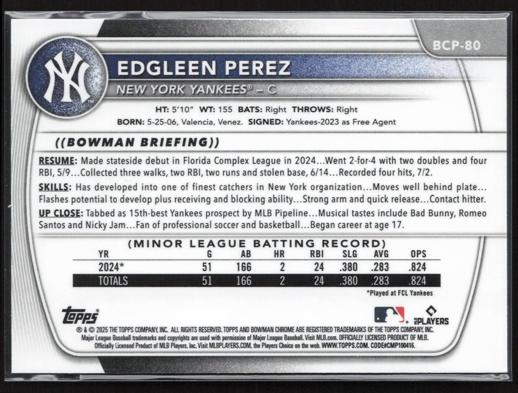 2025 Bowman #BCP-80 Edgleen Perez Chrome Prospects