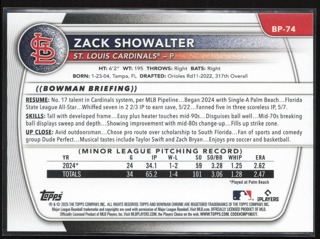 2025 Bowman #BP-74 Zack Showalter Prospects