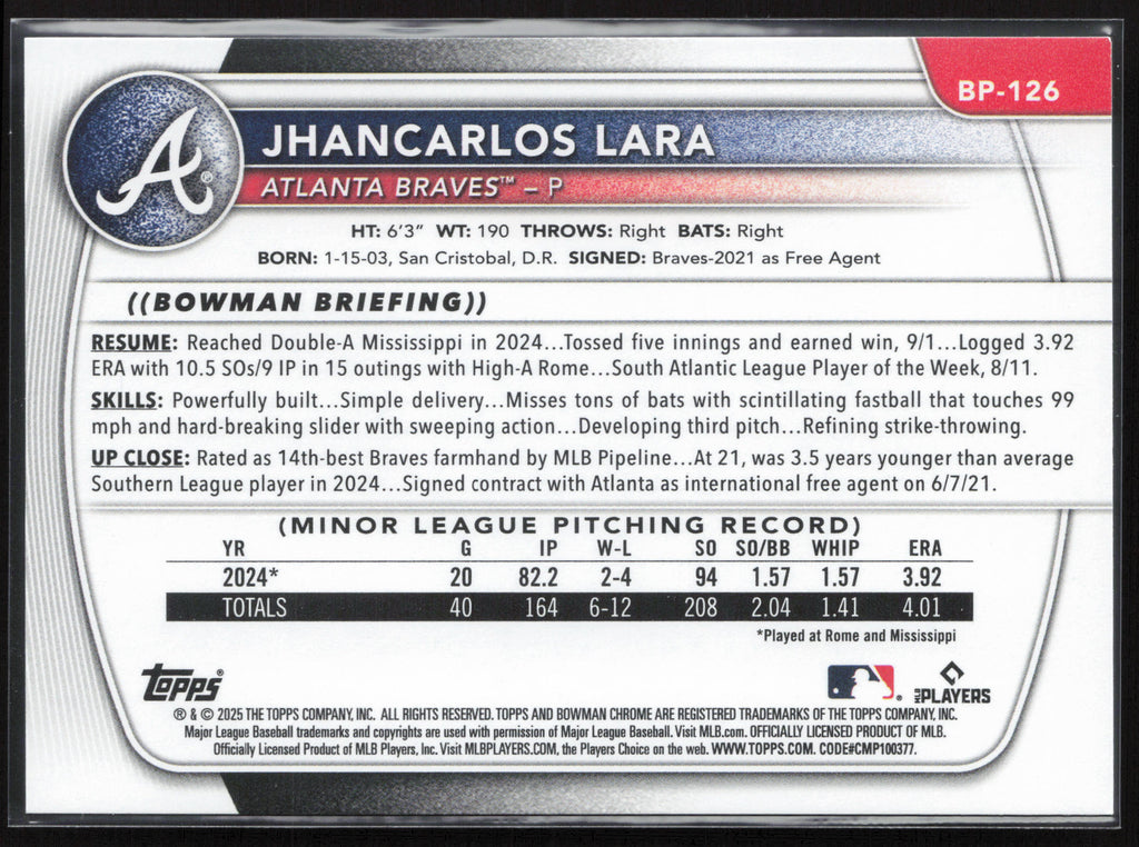2025 Bowman #BP-126 Jhancarlos Lara Prospects