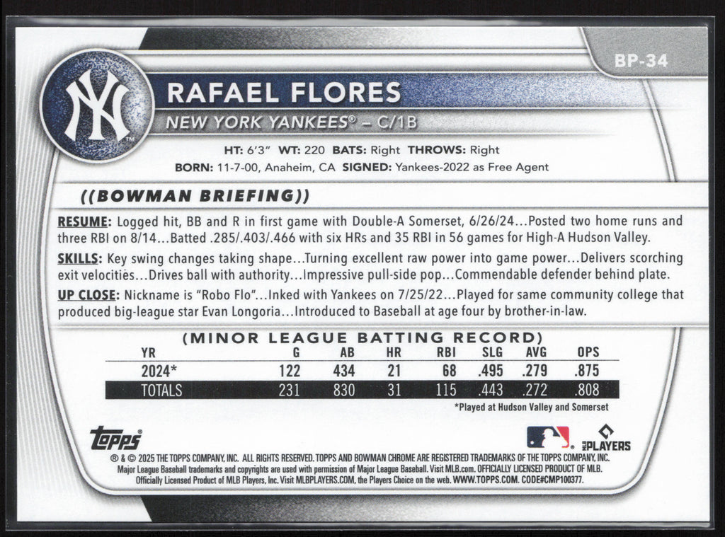 2025 Bowman #BCP-34 Rafael Flores Chrome Prospects