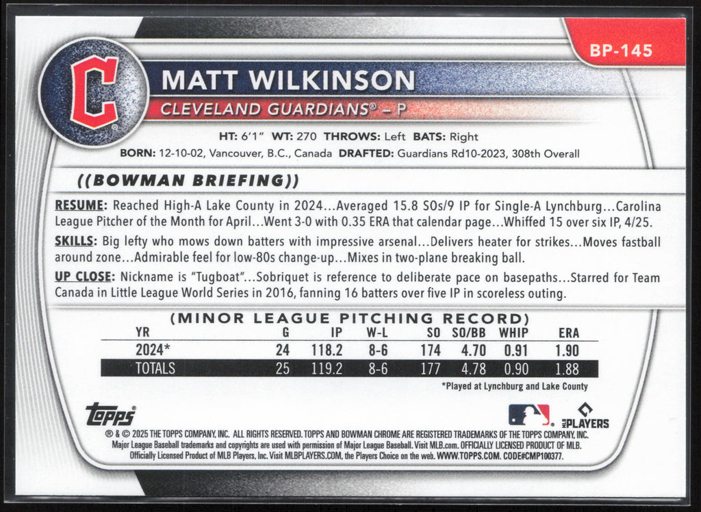 2025 Bowman #BP-145 Matt Wilkinson Prospects