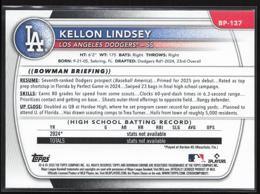 2025 Bowman #BP-137 Kellon Lindsey Prospects