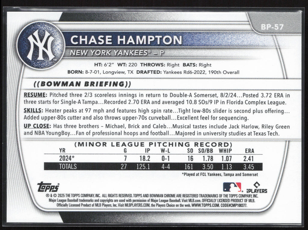 2025 Bowman #BP-57 Chase Hampton Prospects