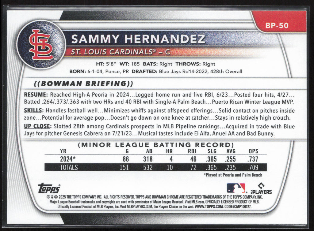 2025 Bowman #BP-50 Sammy Hernandez Prospects