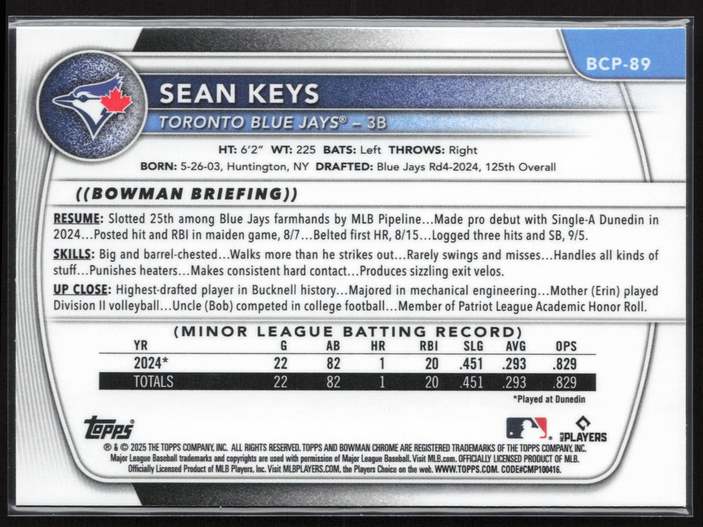 2025 Bowman #BCP-89 Sean Keys Chrome Prospects