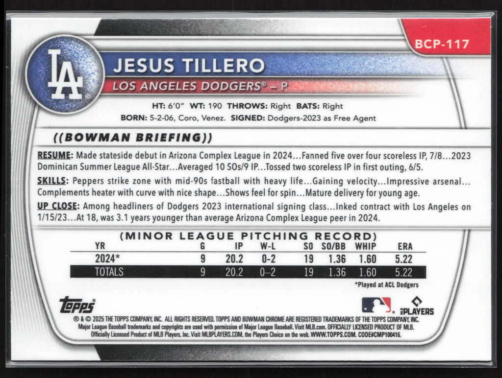 2025 Bowman #BCP-117 Jesus Tillero Chrome Prospects
