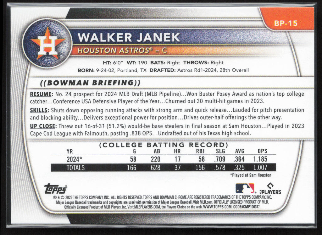 2025 Bowman #BP-15 Walker Janek Prospects