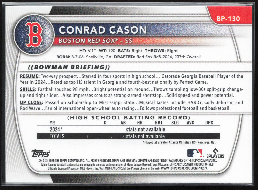 2025 Bowman #BP-130 Conrad Cason Prospects