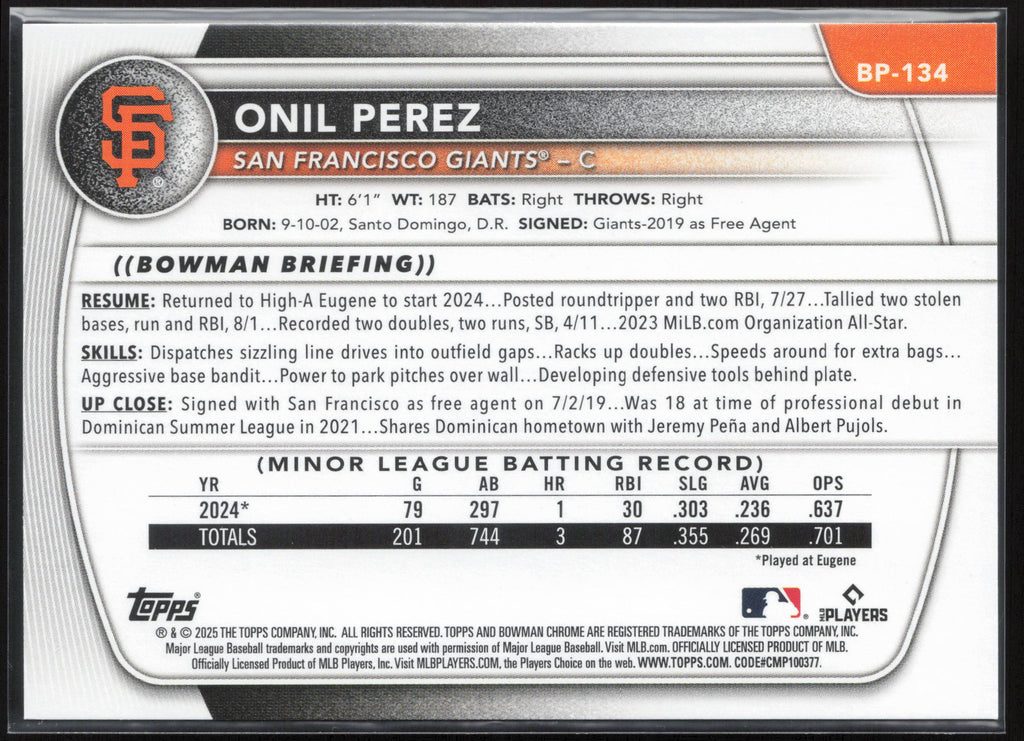 2025 Bowman #BP-134 Onil Perez Prospects