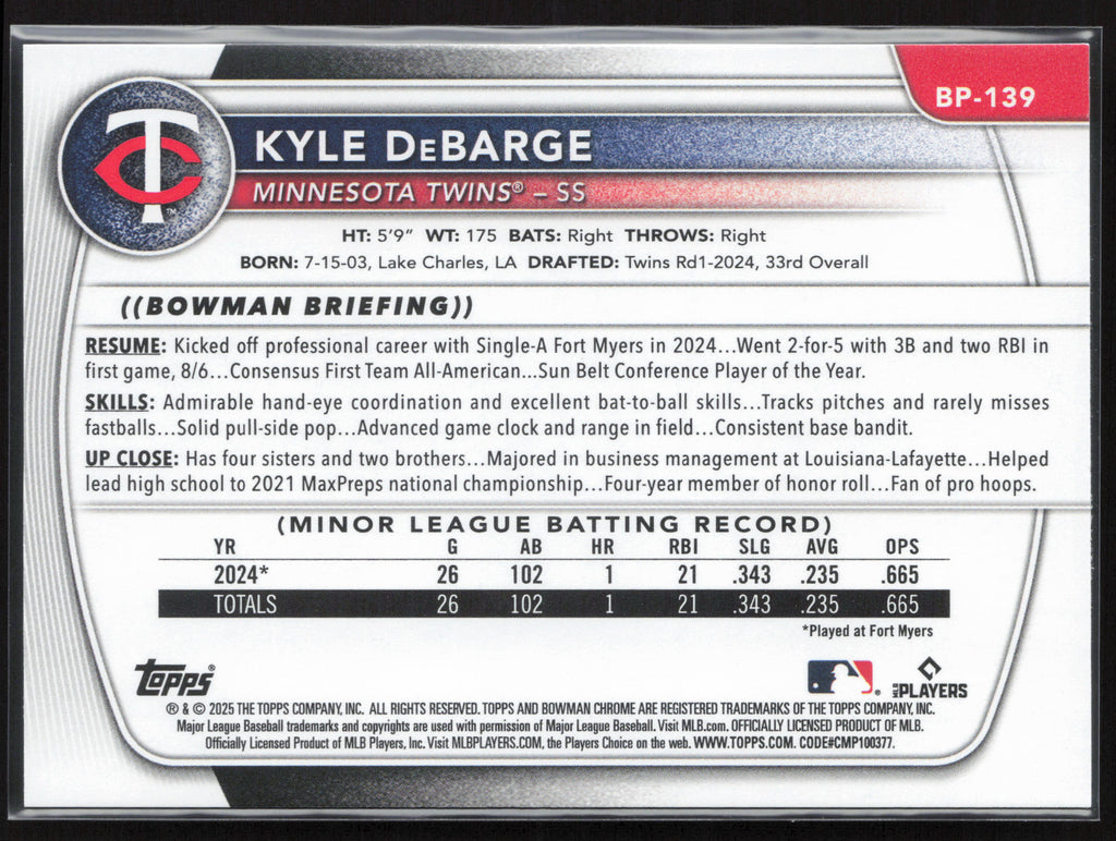 2025 Bowman #BP-139 Kyle DeBarge Prospects