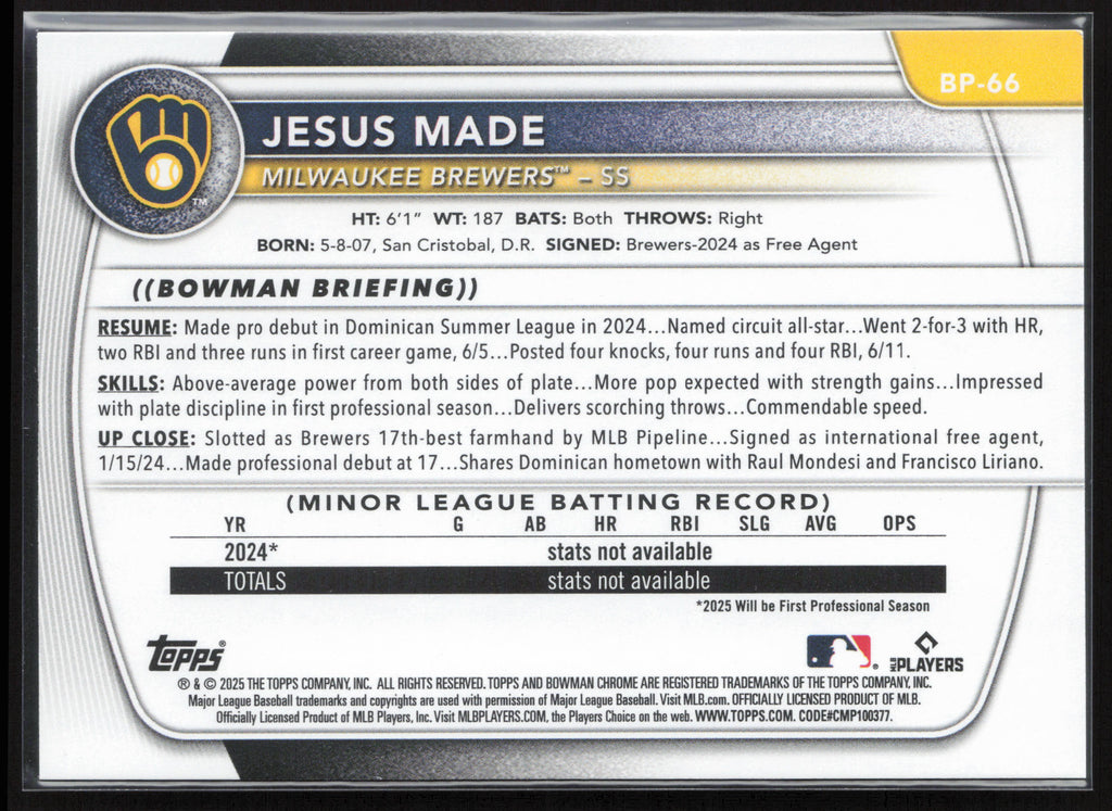 2025 Bowman #BP-66 Jesus Made Prospects