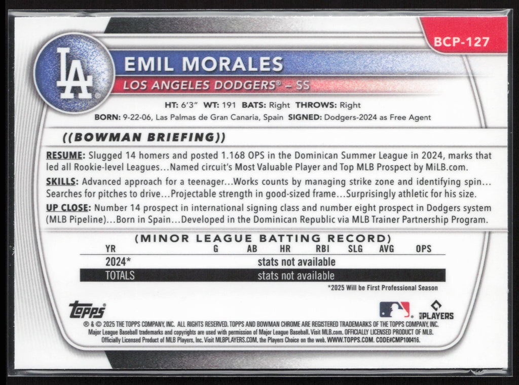 2025 Bowman #BCP-127 Emil Morales Chrome Prospects