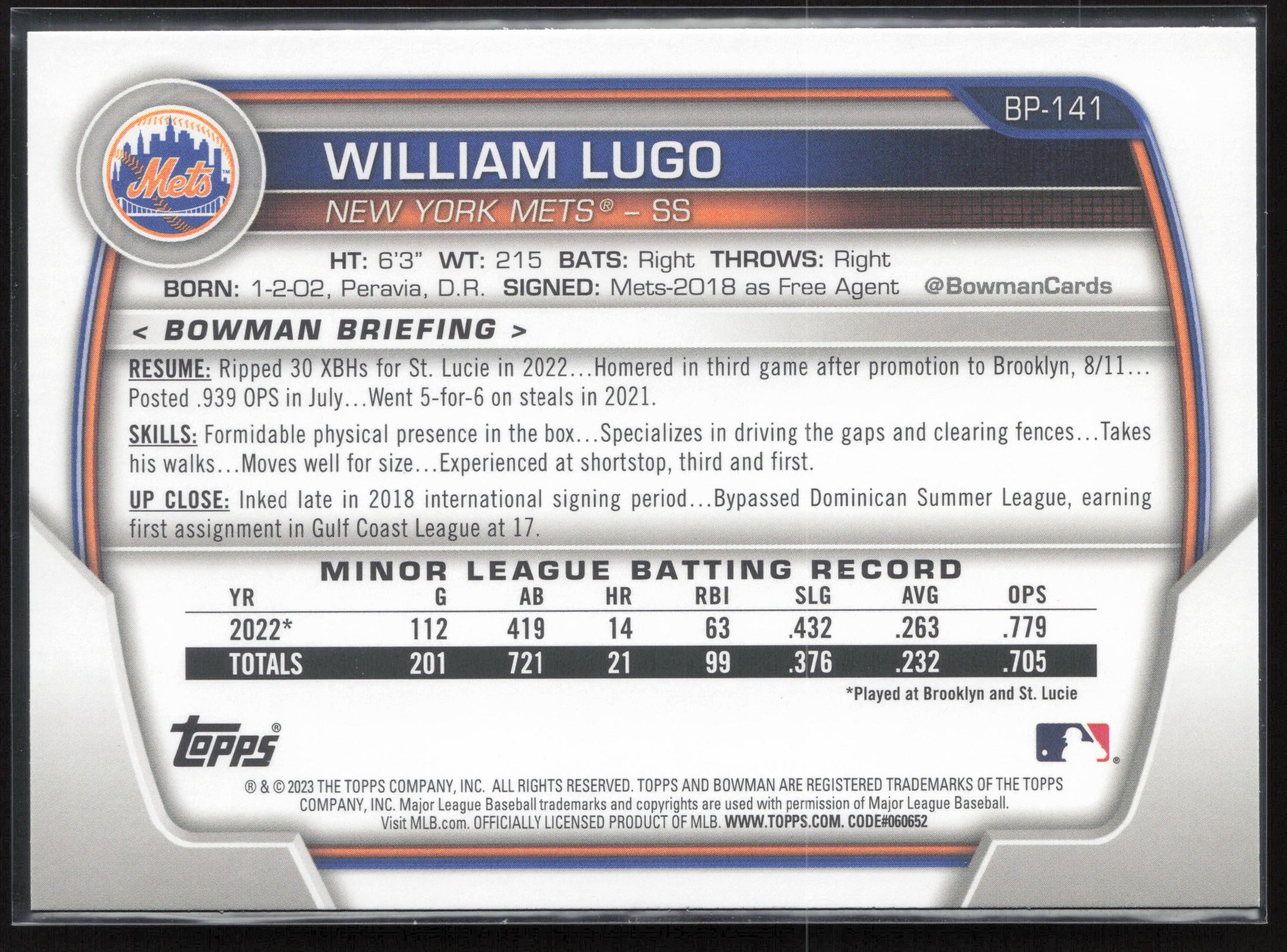 2023 Bowman #BP-141 William Lugo Prospects