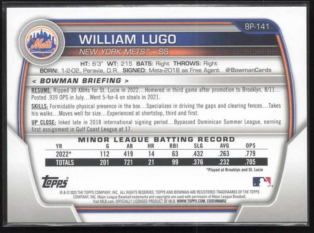 2023 Bowman #BP-141 William Lugo Prospects