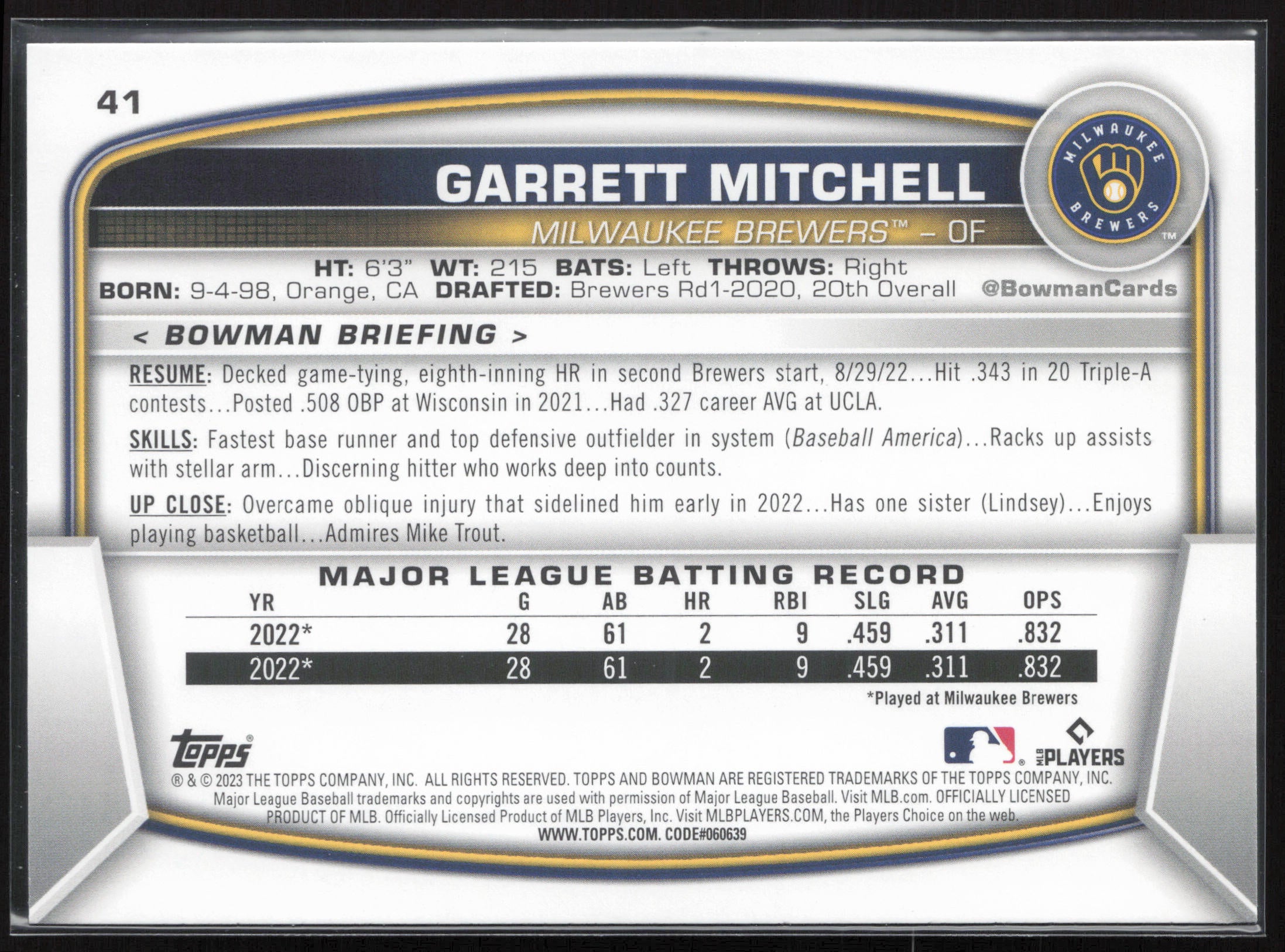 2023 Bowman #41 Garrett Mitchell