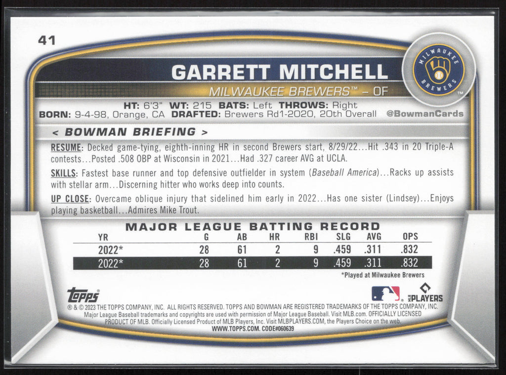 2023 Bowman #41 Garrett Mitchell