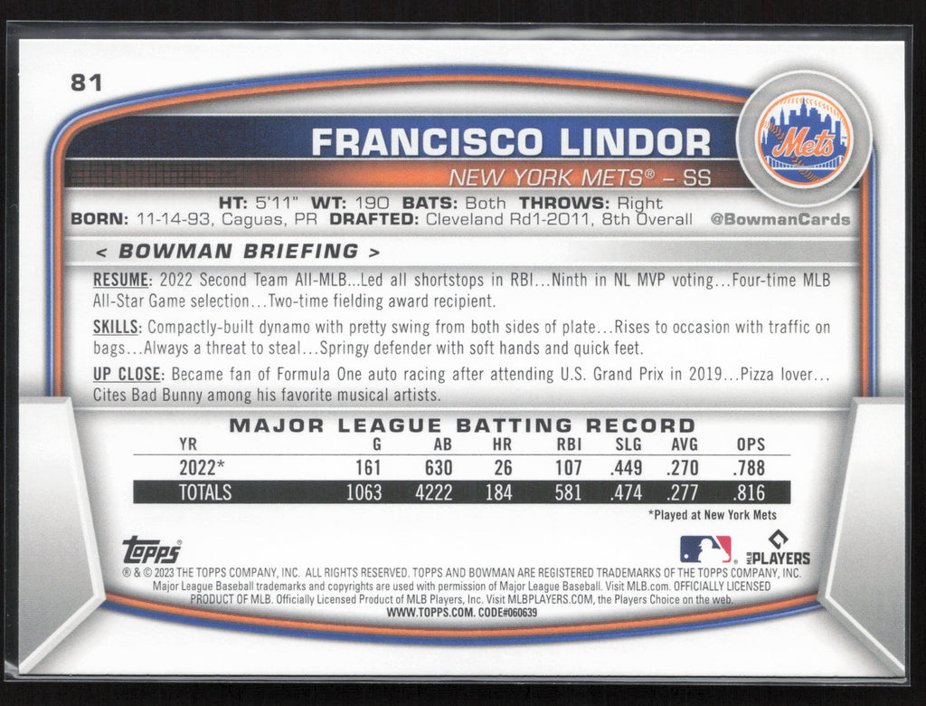 2023 Bowman #81 Francisco Lindor