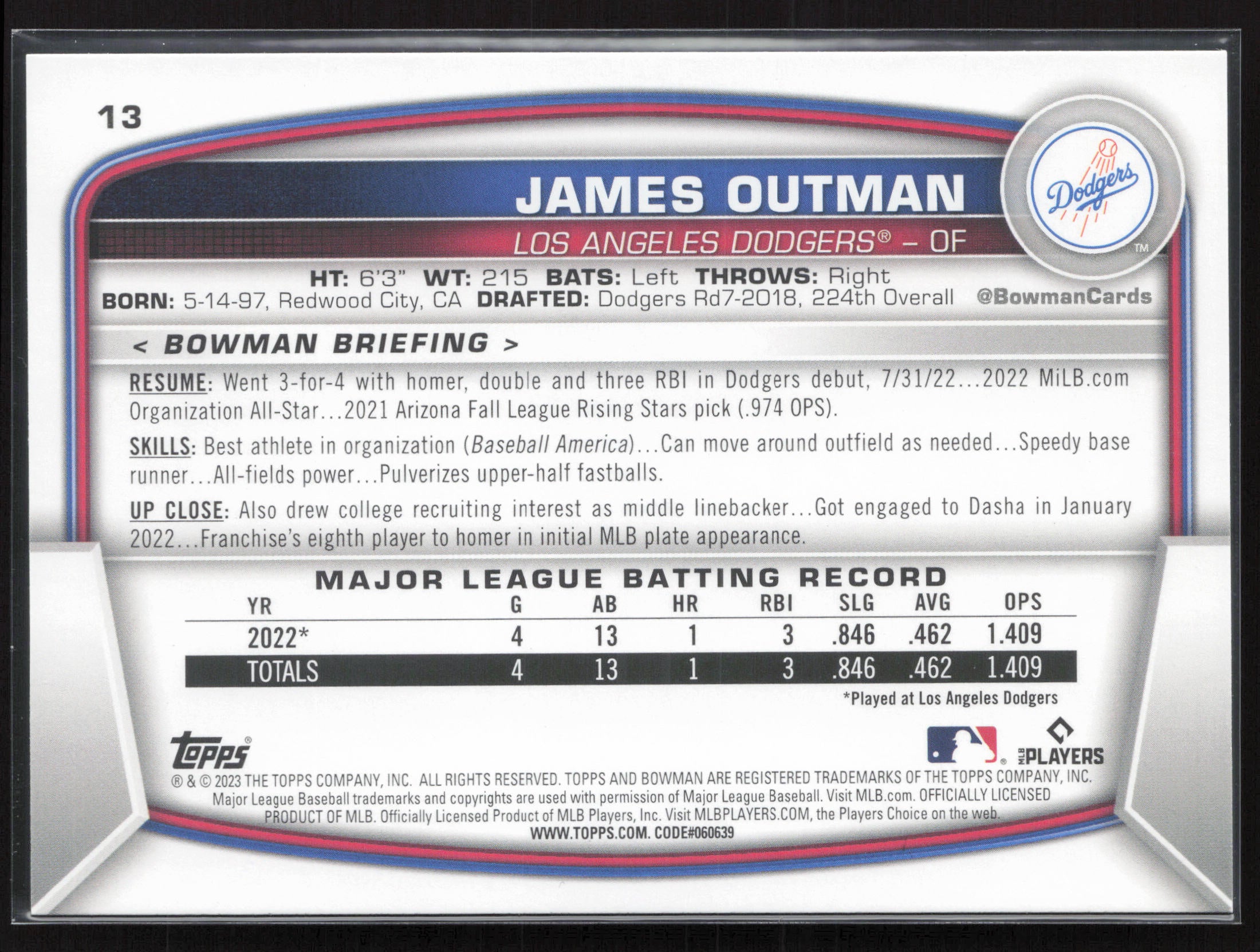 2023 Bowman #13 James Outman