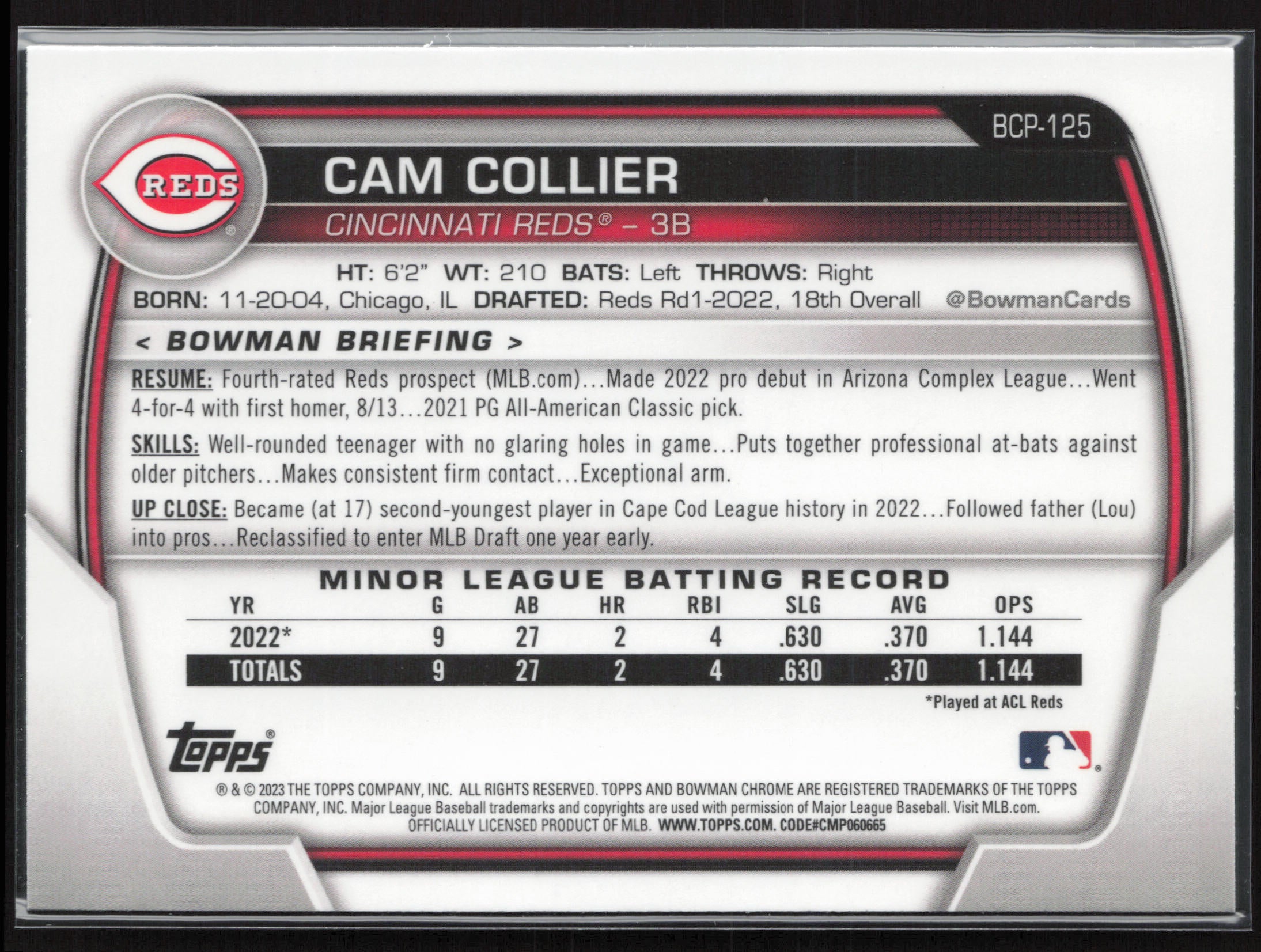 2023 Bowman #BCP-125 Cam Collier Chrome Prospects