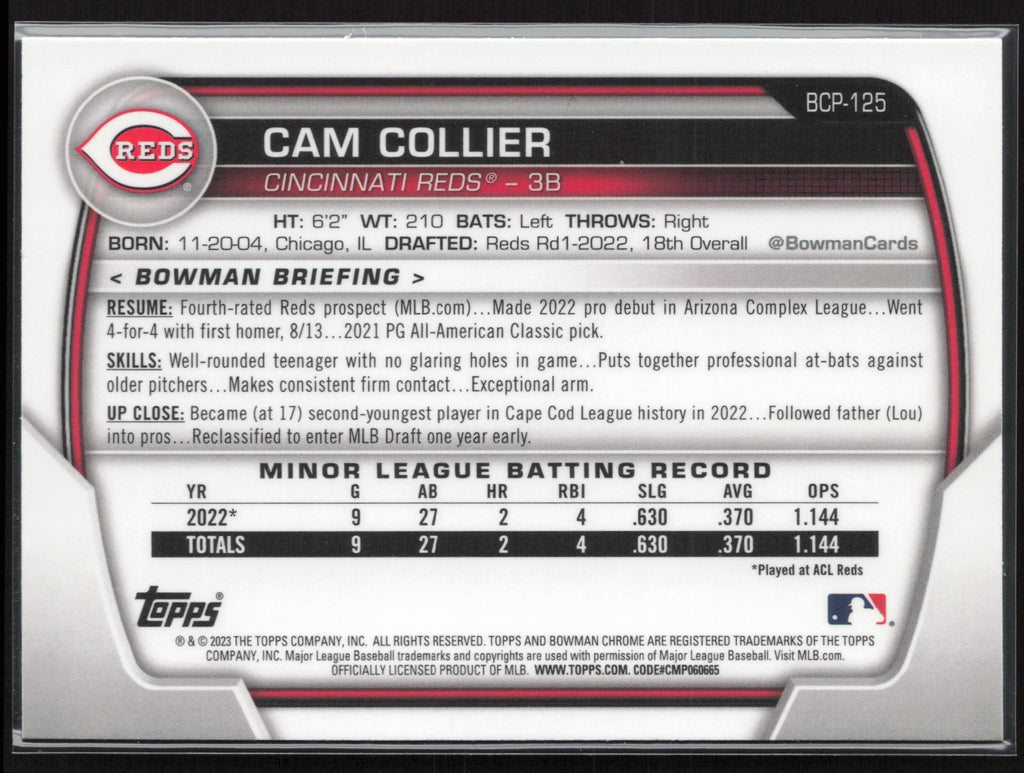2023 Bowman #BCP-125 Cam Collier Chrome Prospects