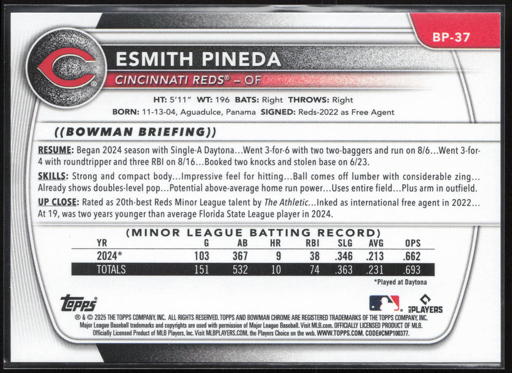 2025 Bowman #BP-37 Esmith Pineda Prospects