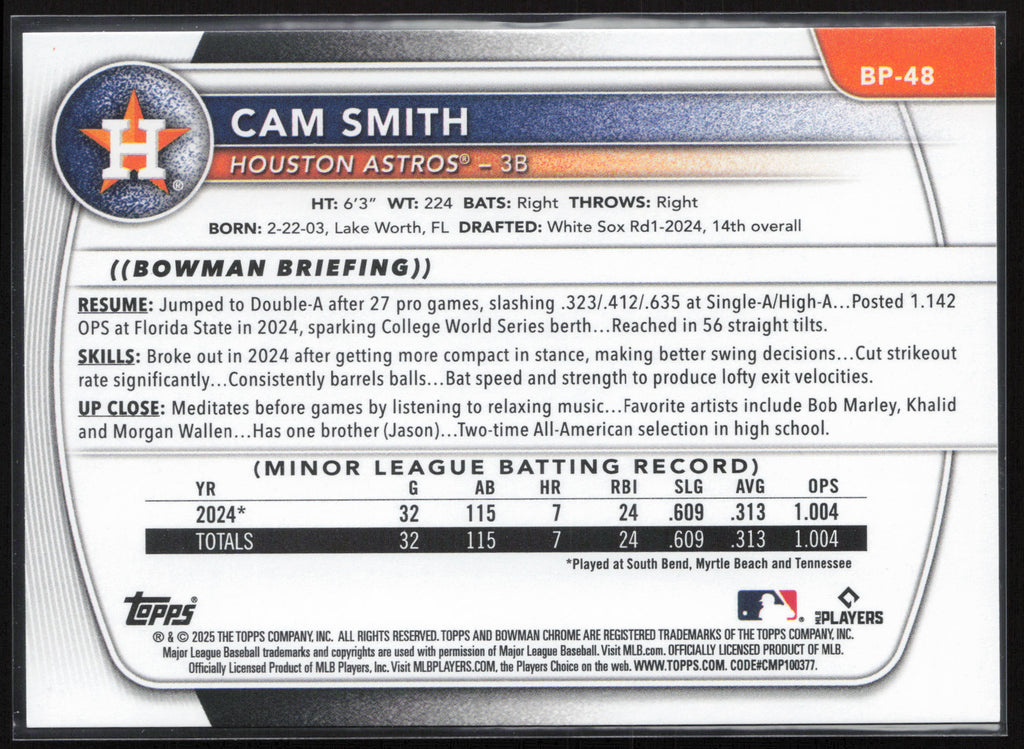 2025 Bowman #BP-48 Cam Smith Prospects