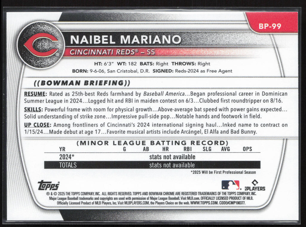 2025 Bowman #BP-99 Naibel Mariano Prospects