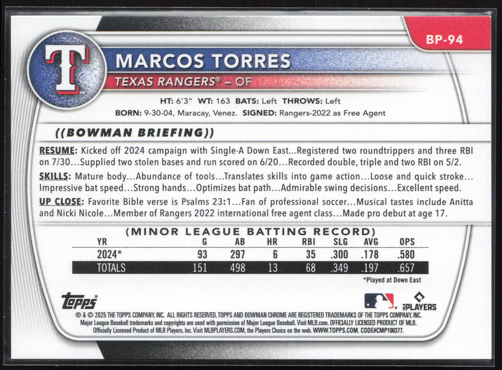 2025 Bowman #BP-94 Marcos Torres Prospects