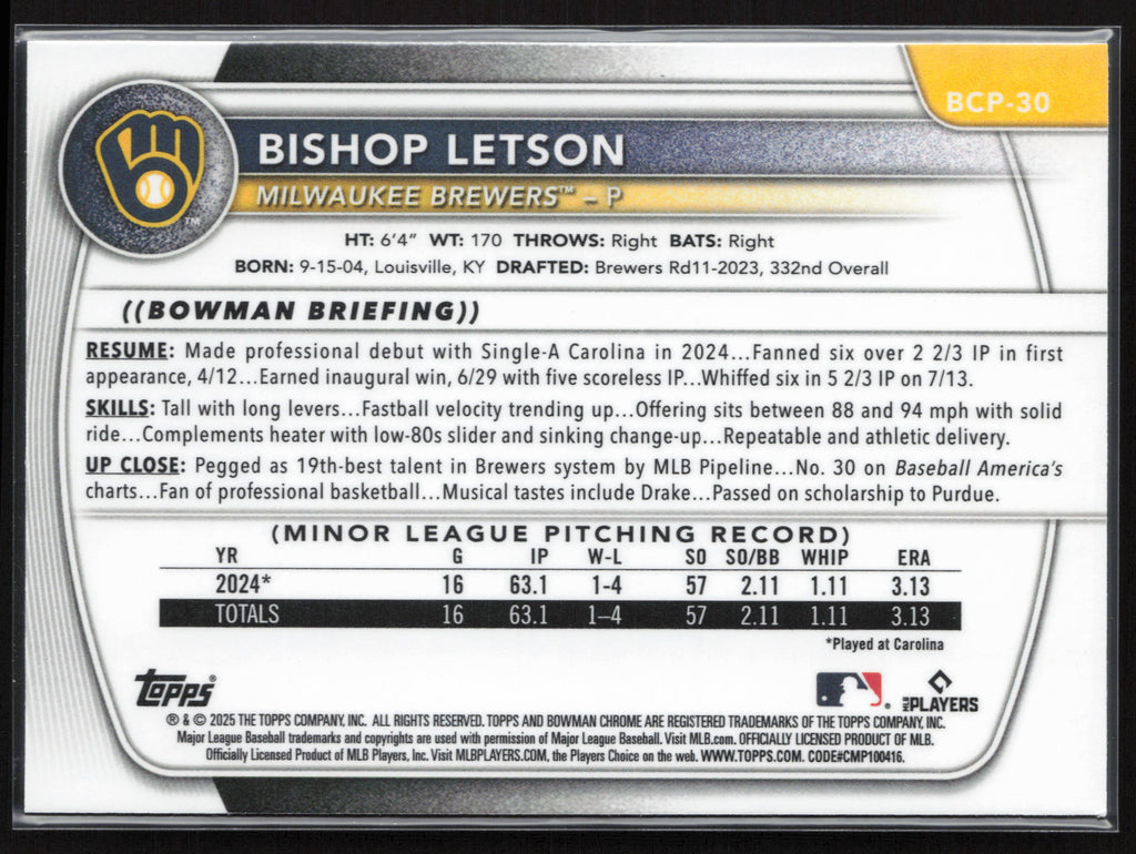 2025 Bowman #BCP-30 Bishop Letson Chrome Prospects