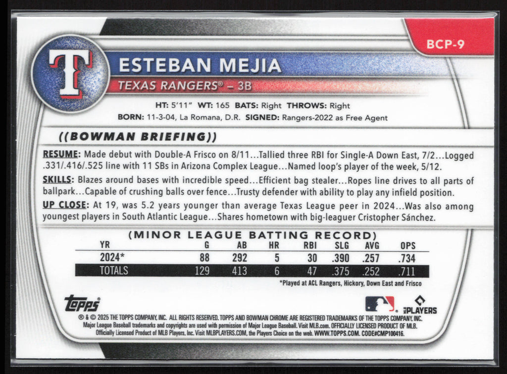 2025 Bowman #BCP-9 Esteban Mejia Chrome Prospects