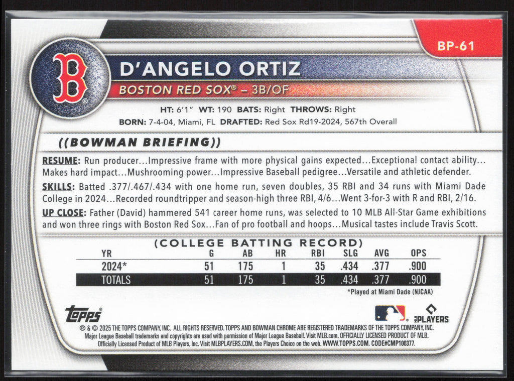 2025 Bowman #BP-61 D'Angelo Ortiz Prospects