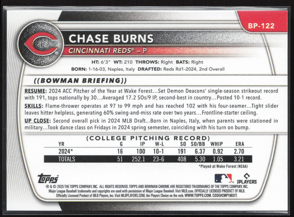 2025 Bowman #BP-122 Chase Burns Prospects