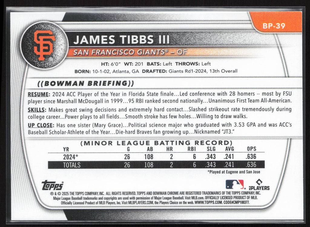 2025 Bowman #BP-39 James Tibbs III Prospects