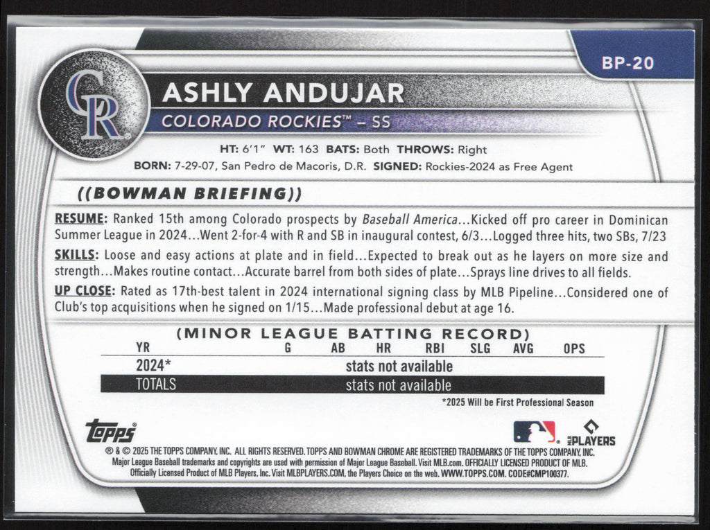 2025 Bowman #BP-20 Ashly Andujar Prospects