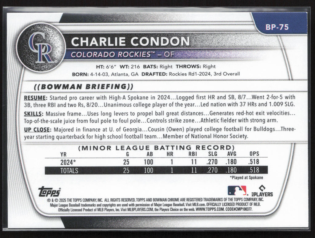2025 Bowman #BP-75 Charlie Condon Prospects